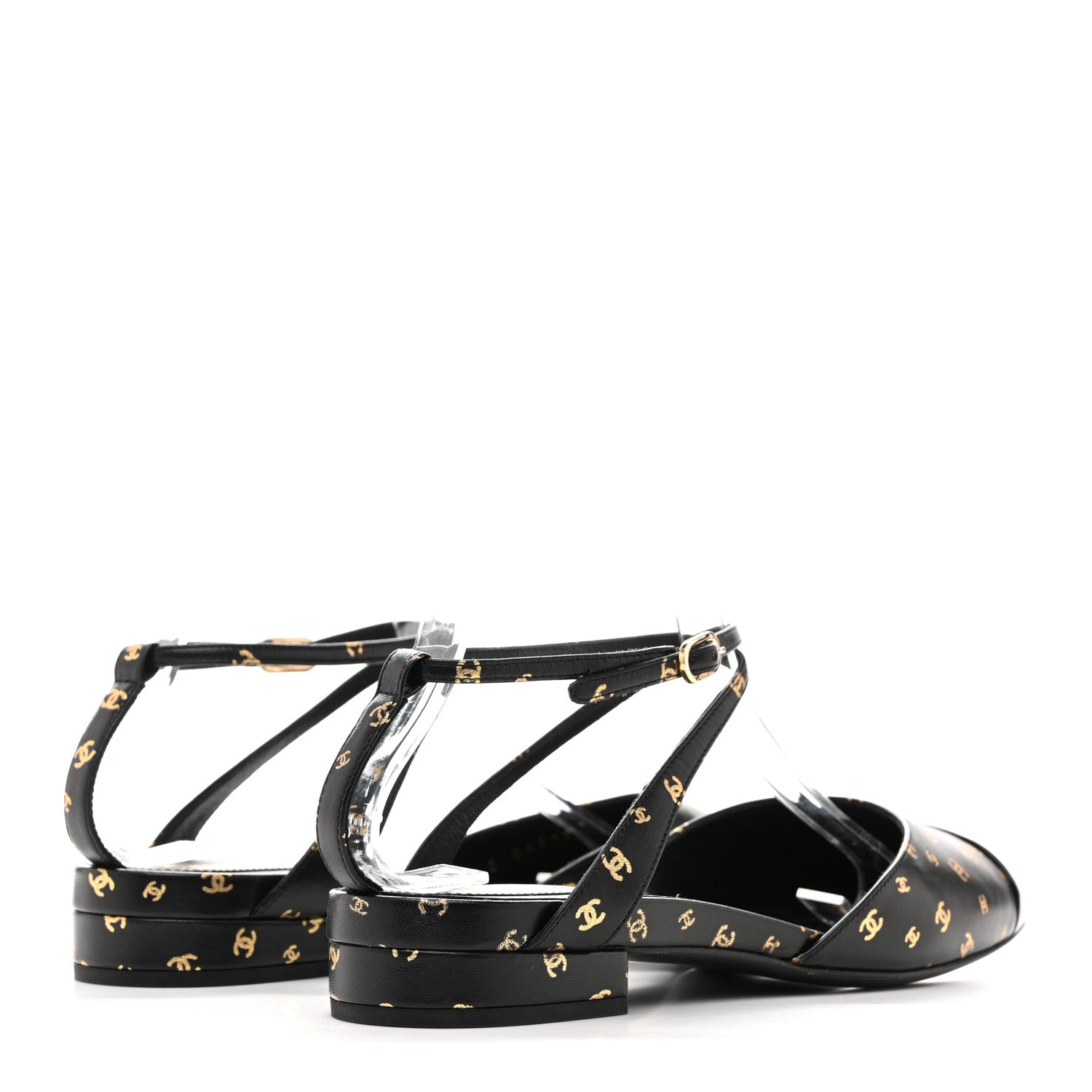Printed Lambskin Patent Calfskin CC Slingback Flats 38.5 Black Gold