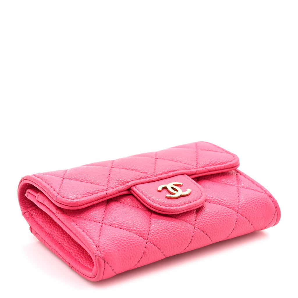 Caviar Quilted Flap Card Holder Wallet Fuchsia