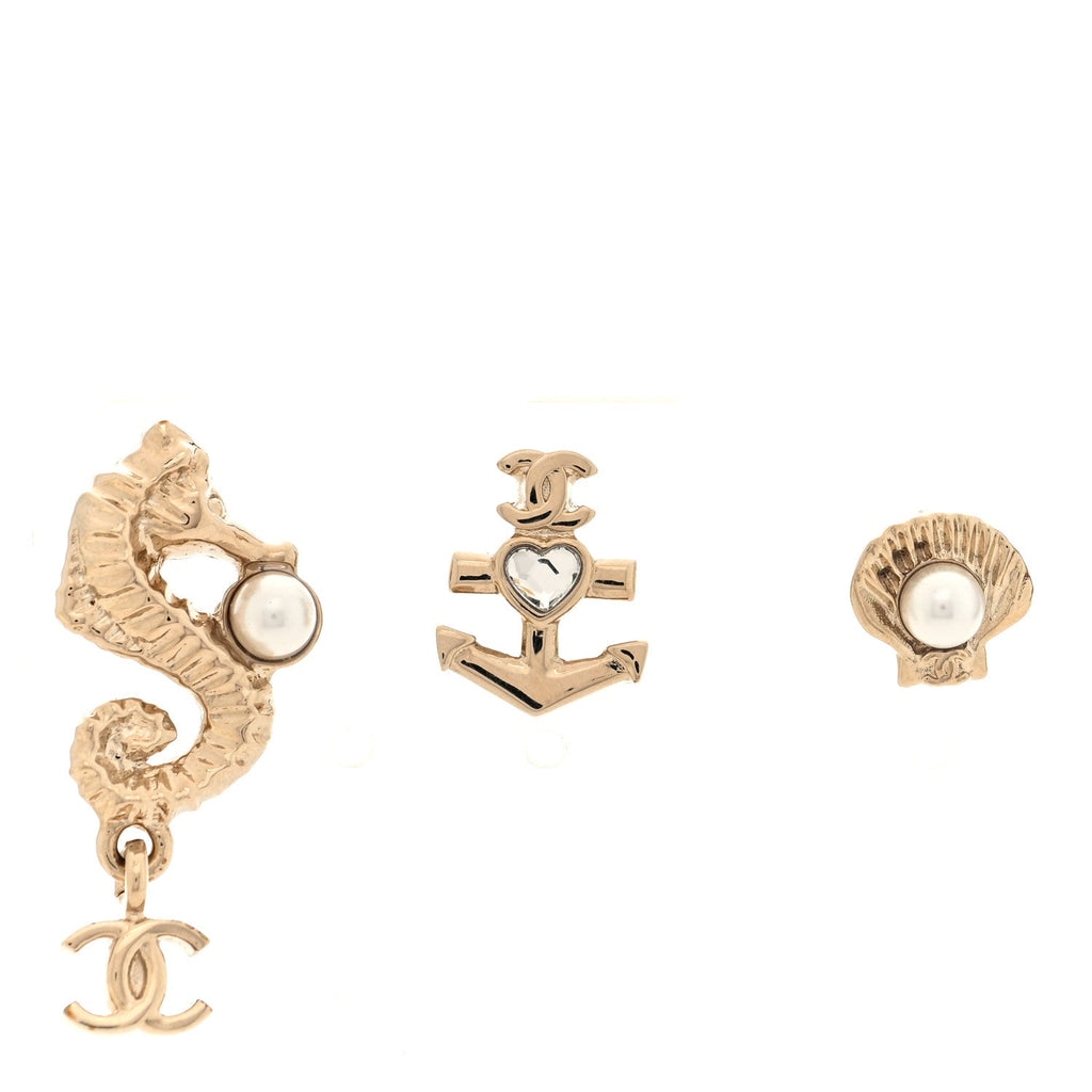 Metal Pearl Anchor Seahorse Shell Earrings Set Gold