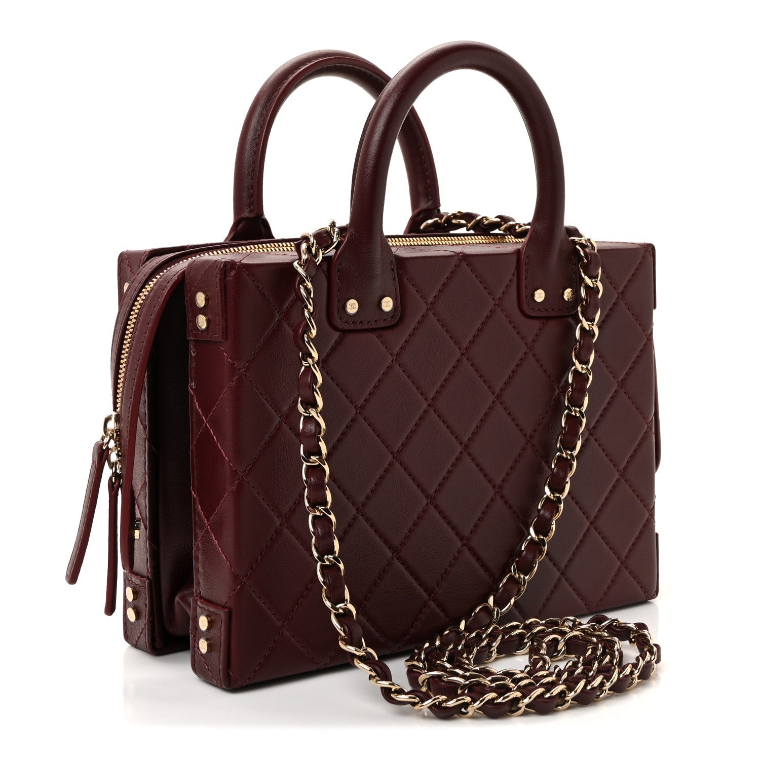 Chanel Calfskin Quilted Studded Square Vanity Case Burgundy