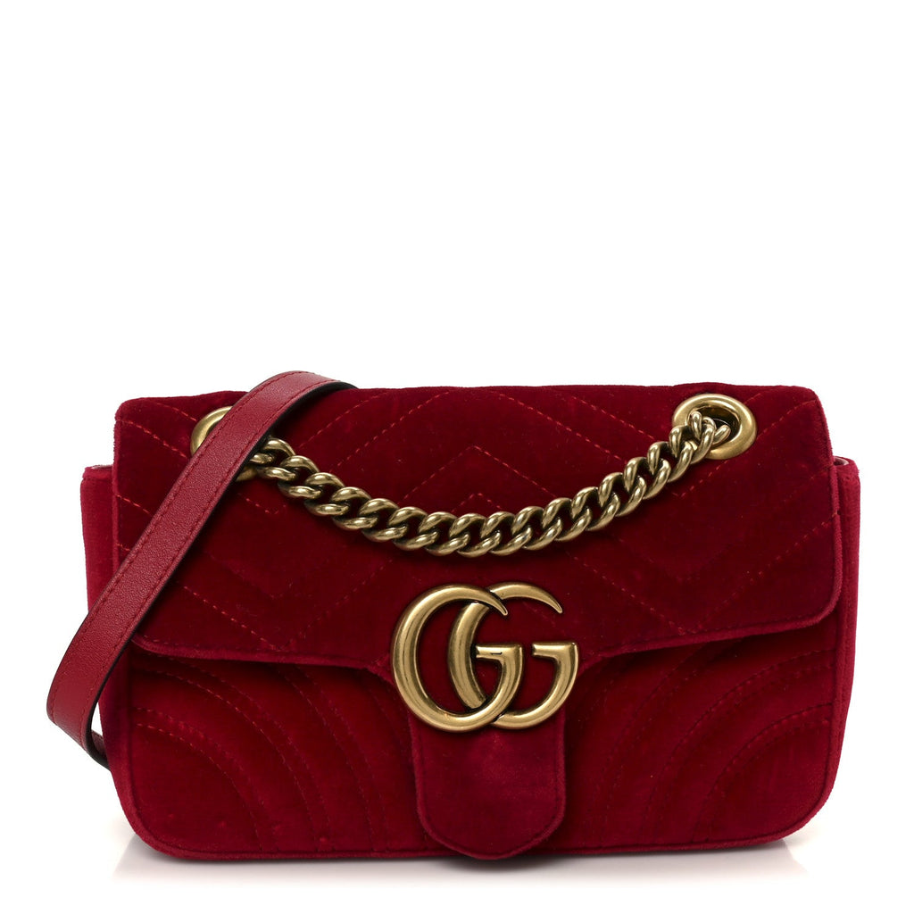 Gucci Velvet Matelasse Mini GG Marmont Shoulder Bag Hibiscus Red