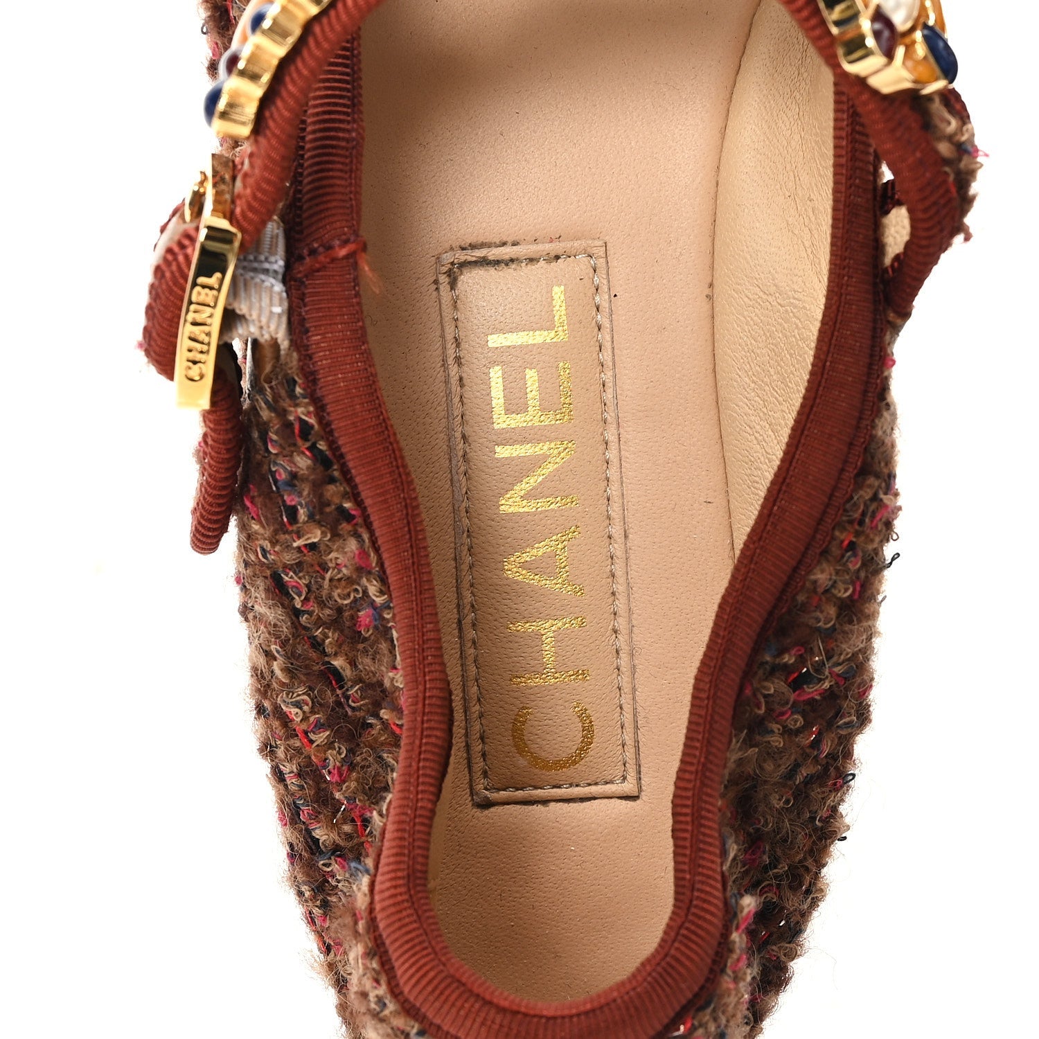 Chanel Wool Tweed Mary Jane Flats 37.5 Brown Red Dark Blue