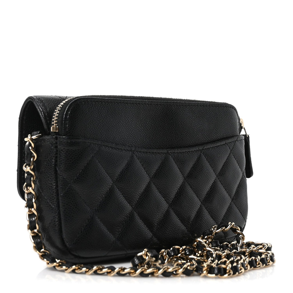 Caviar Quilted Flap Phone Holder With Chain Black