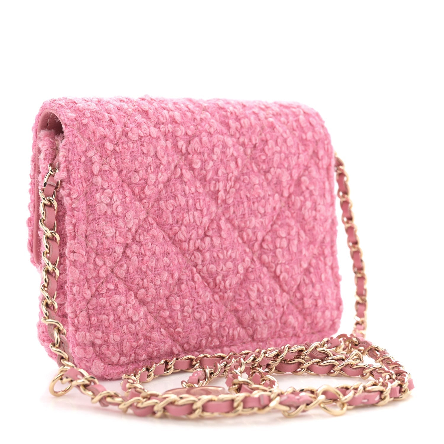 Chanel Tweed Quilted Flap Chain Waist Bag Pink