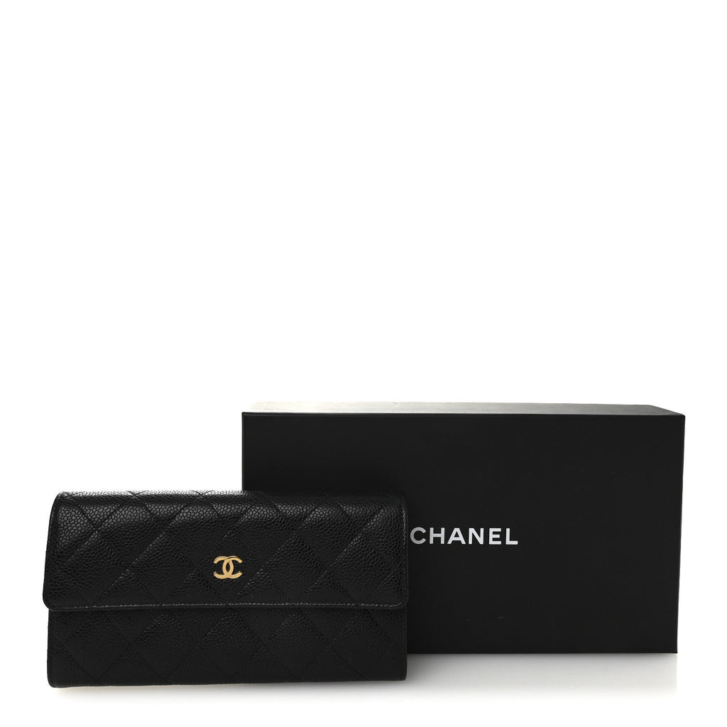 Caviar Quilted Large Gusset Flap Wallet Black