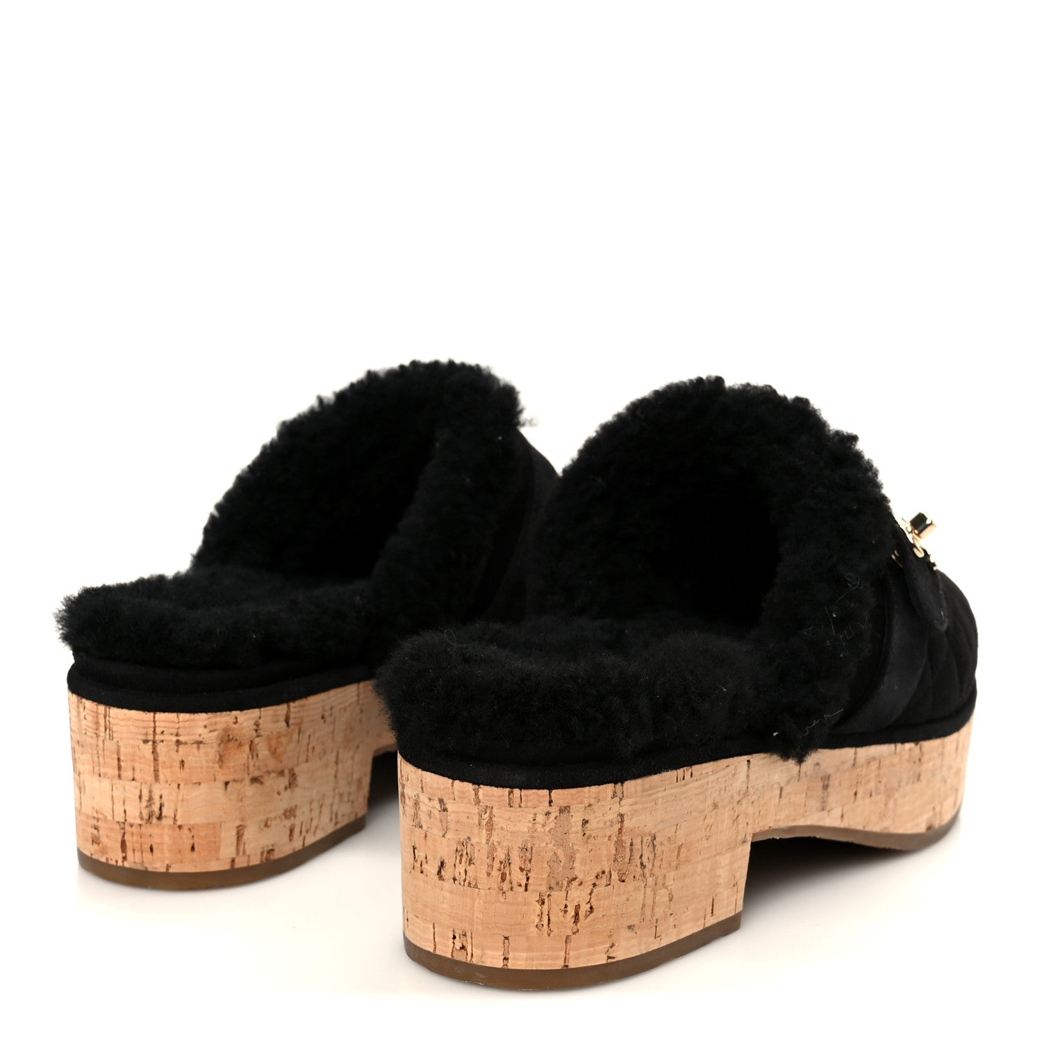 Chanel Suede Calfskin Shearling Turn Lock Clogs 38 Black