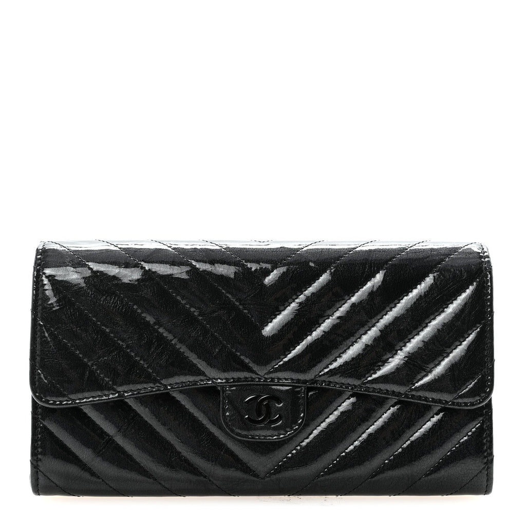 Patent Metallic Crumpled Calfskin Chevron Quilted Large Gusset Flap Wallet So Black