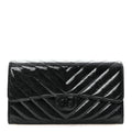 Patent Metallic Crumpled Calfskin Chevron Quilted Large Gusset Flap Wallet So Black
