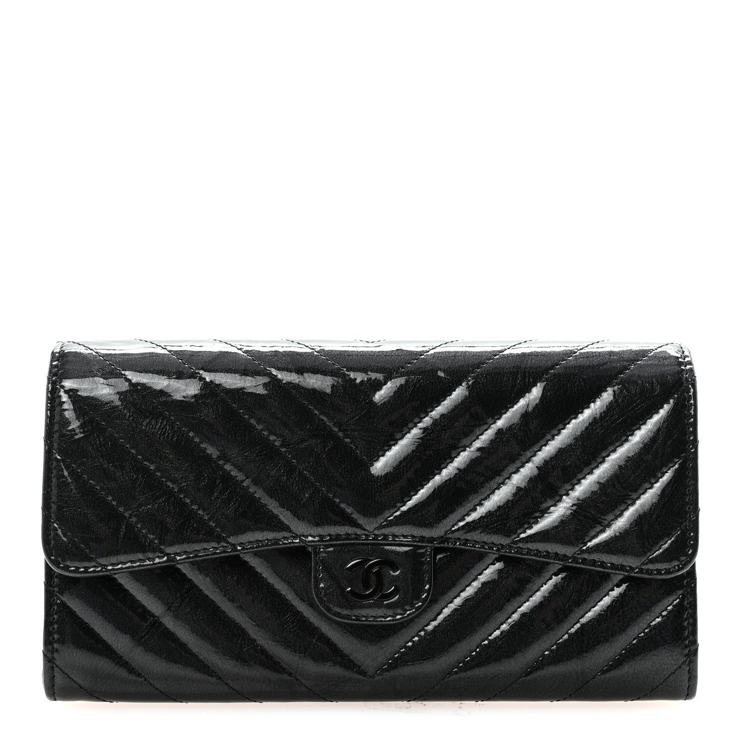 Patent Metallic Crumpled Calfskin Chevron Quilted Large Gusset Flap Wallet So Black