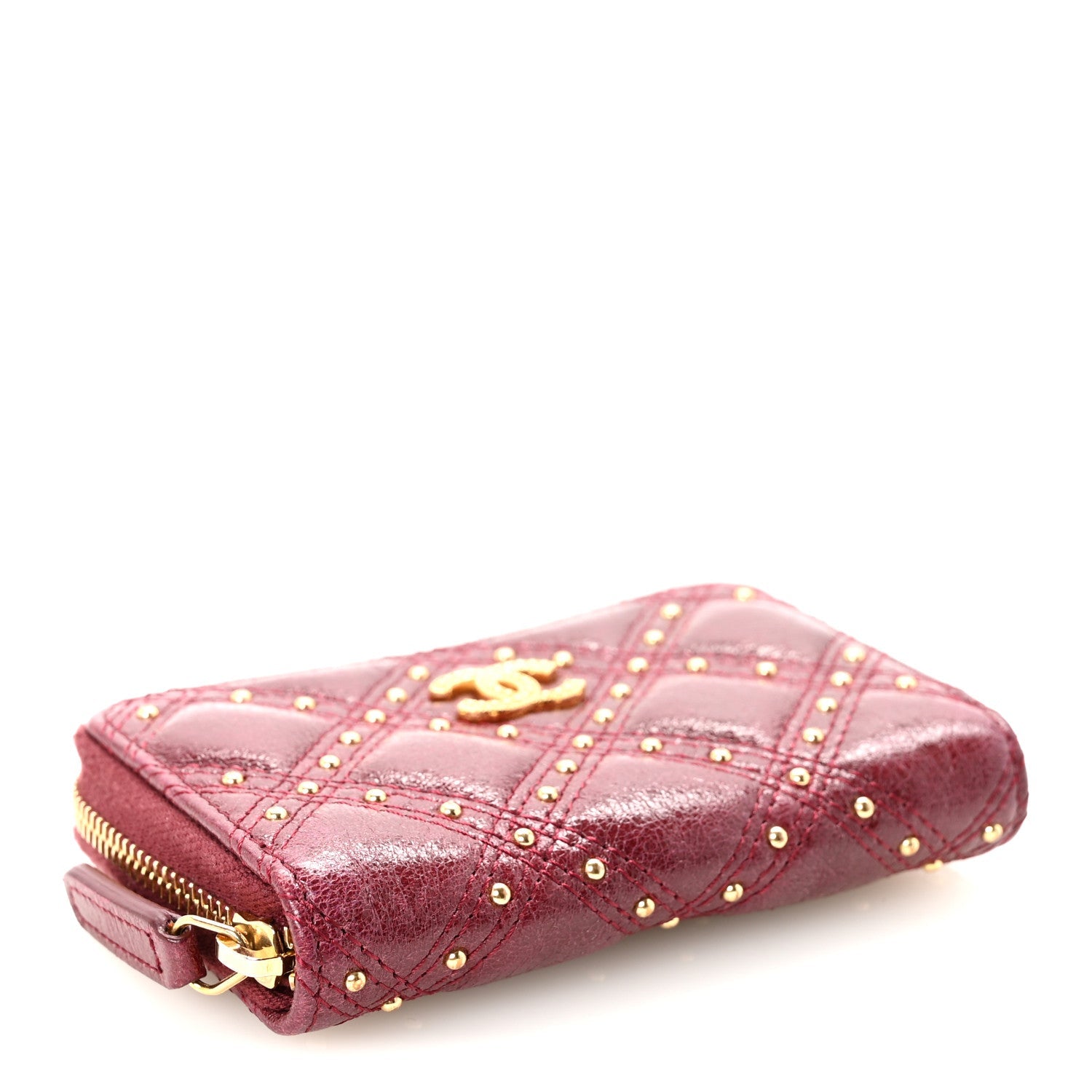Lambskin Studded Quilted Compact Zip Around Wallet Burgundy