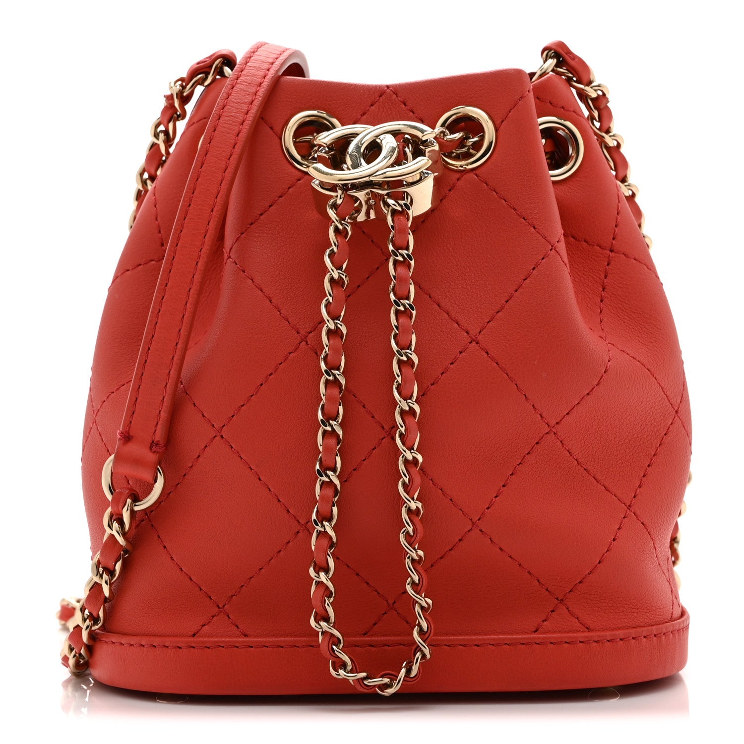 Chanel Calfskin Stitched Chain Bucket Bag Coral