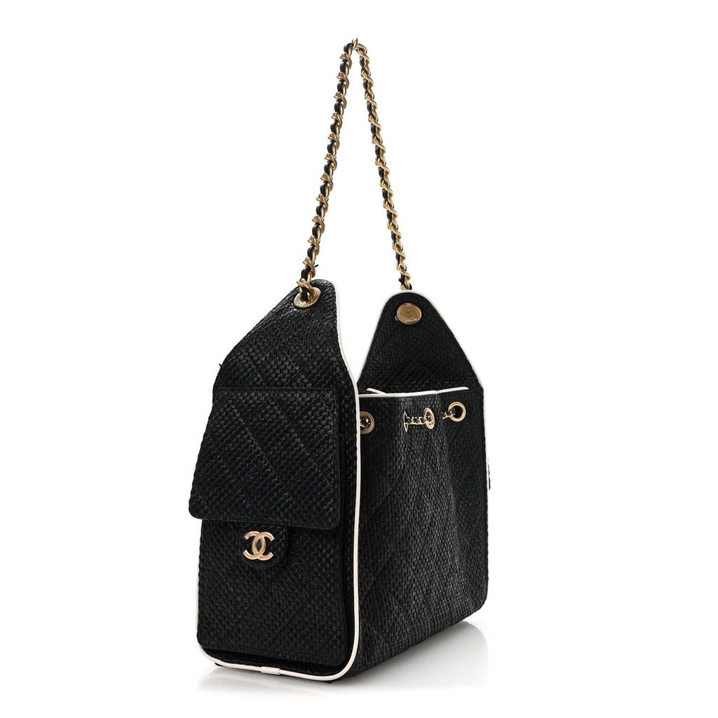 Chanel Braided Raffia Calfskin Small Chanel 25 Handbag Black White