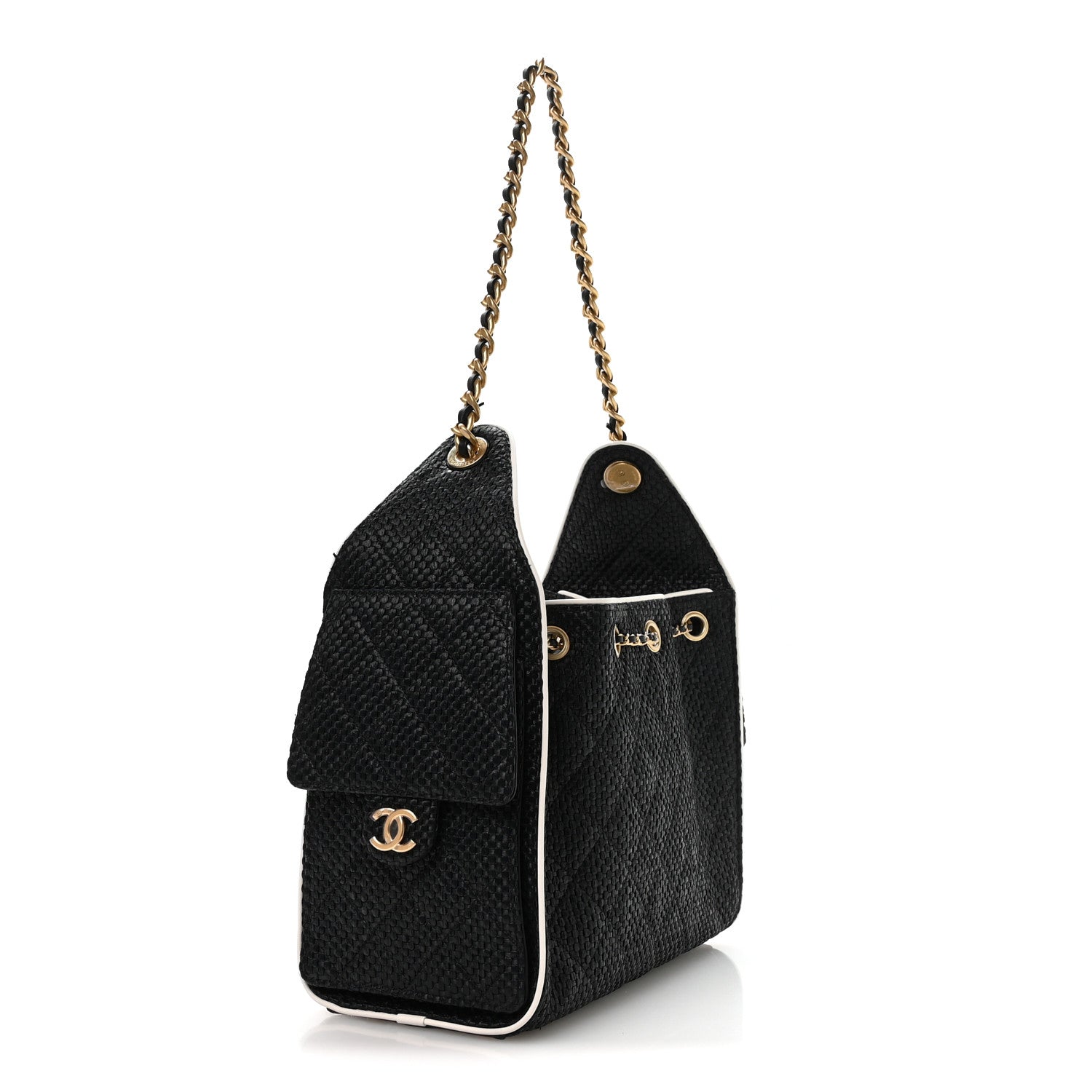 Chanel Braided Raffia Calfskin Small Chanel 25 Handbag Black White