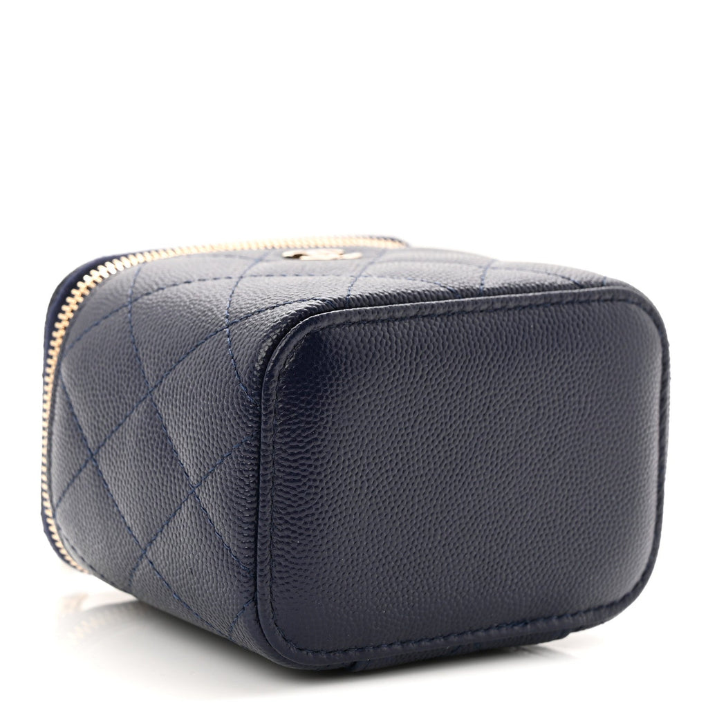 Chanel Caviar Quilted Mini Vanity Case With Chain Navy Blue