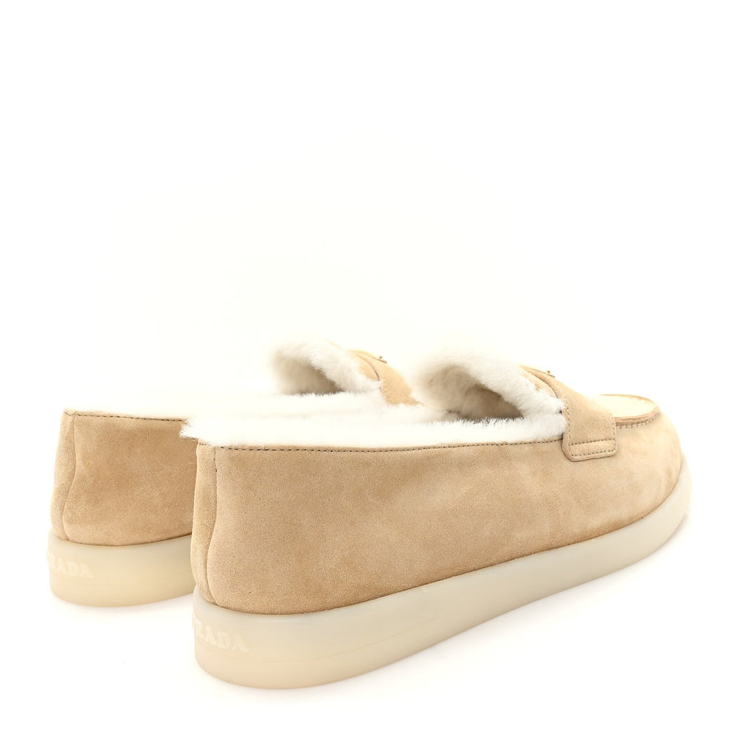 Prada Suede Shearling Triangle Logo Loafer 39 Ecru