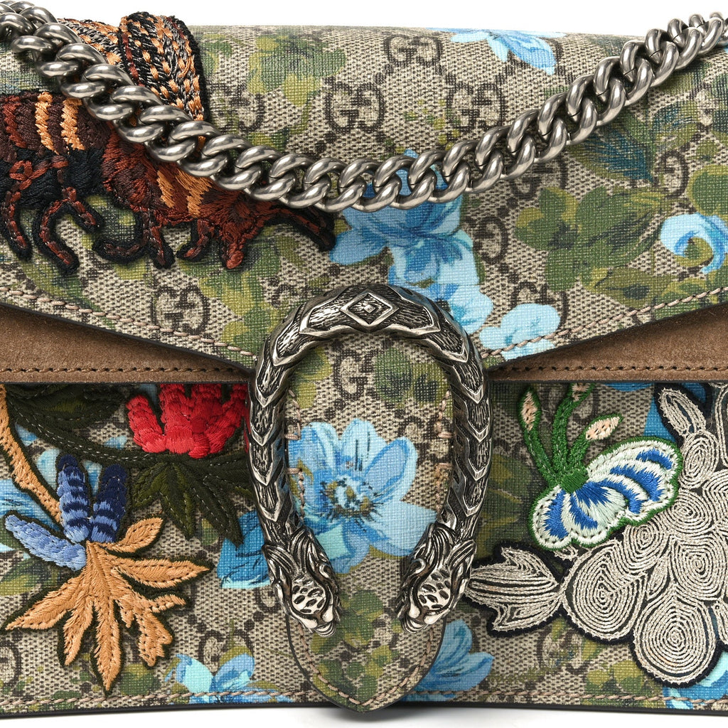Gucci GG Supreme Monogram Blooms Print Embroidered Small Dionysus Shoulder Bag Blue Taupe