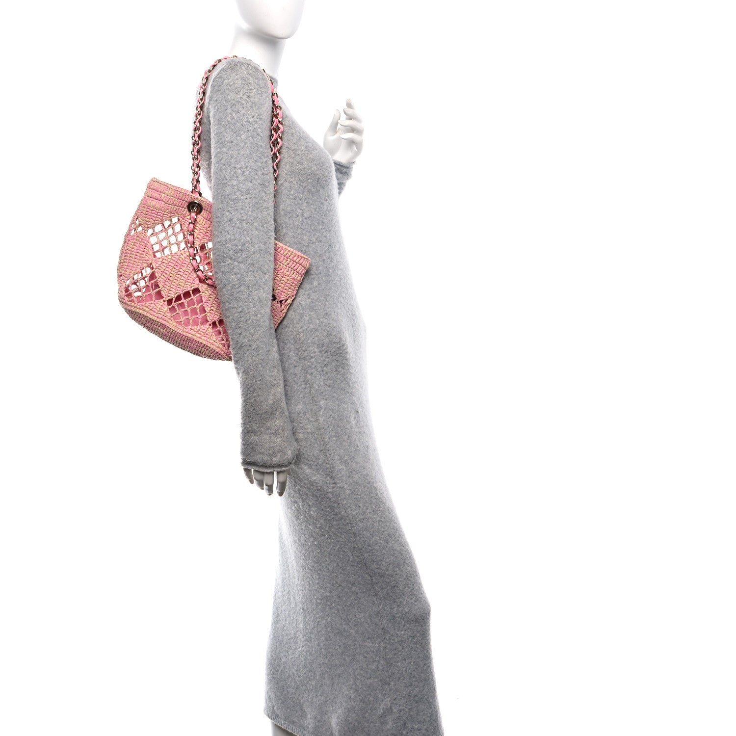 Chanel Raffia Effect Braided Small Shopping Bag Beige Pink