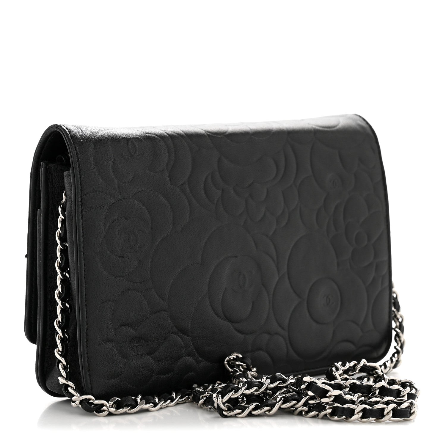 Chanel Lambskin Camellia Embossed Wallet On Chain WOC Black