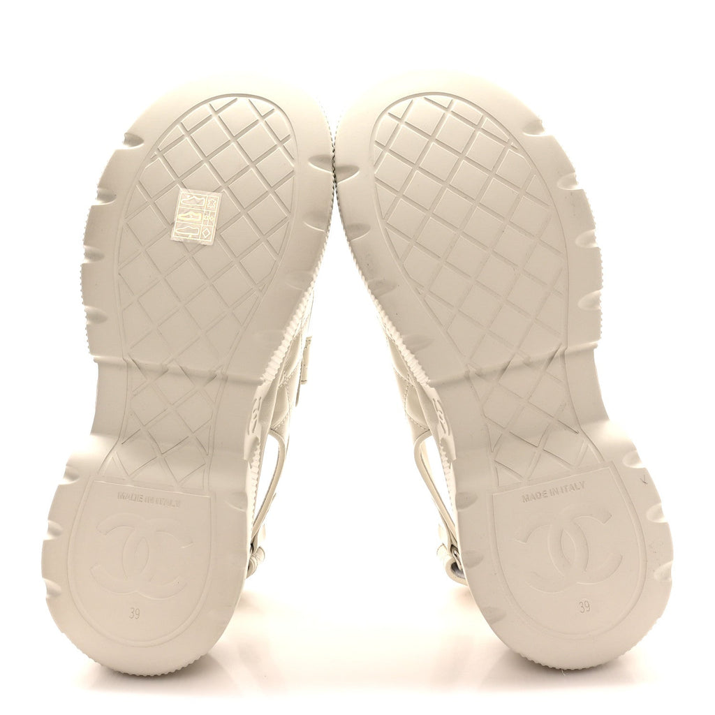 Chanel Shiny Calfskin Chain CC Velcro Dad Platform Sandals 39 White