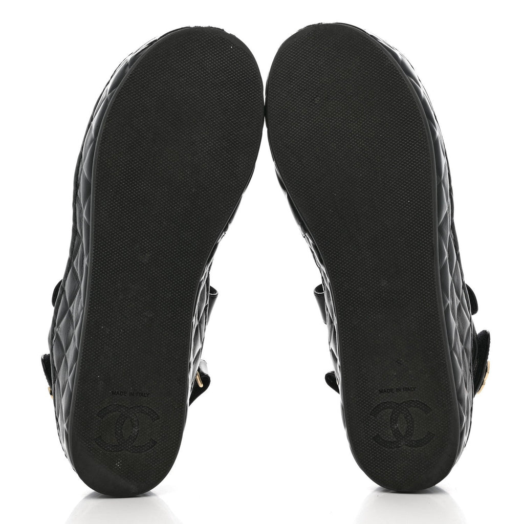 Chanel Shiny Calfskin Logo Platform Sandals 39 Black