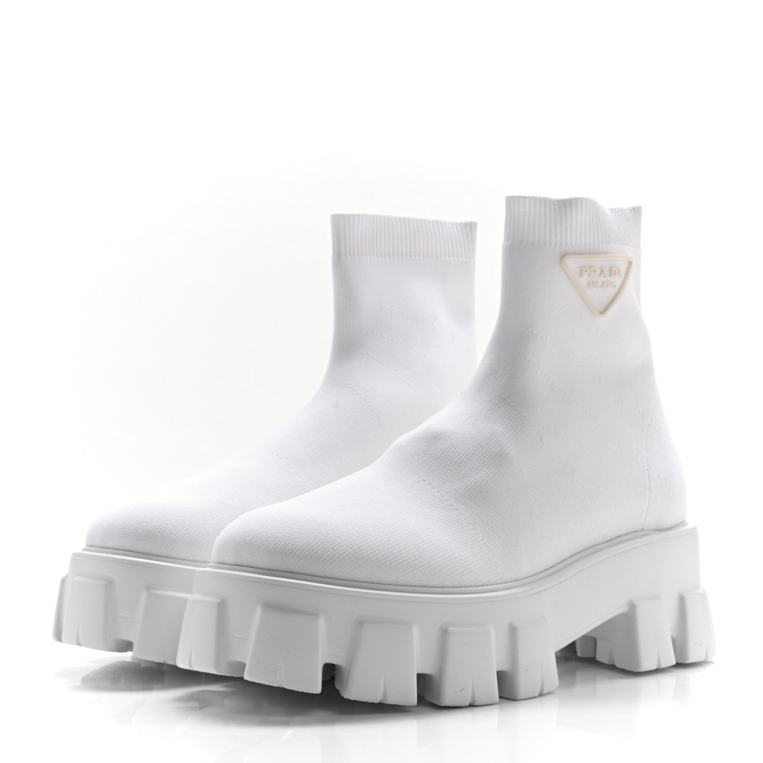Prada Knit Rubber Triangle Logo Monolith 55mm Ankle Boots 38 Bianco