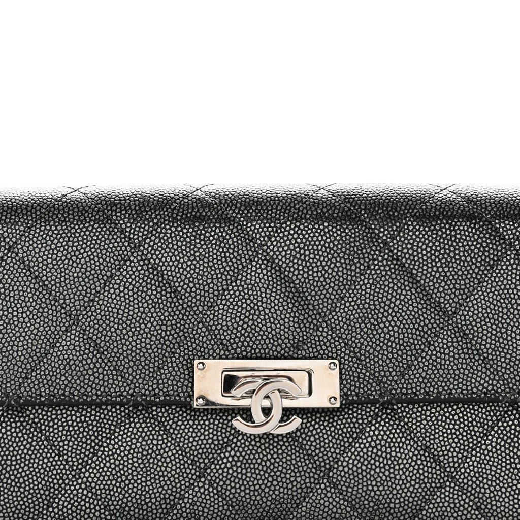 Metallic Caviar Quilted Large Golden Class Gusset Flap Wallet Dark Grey