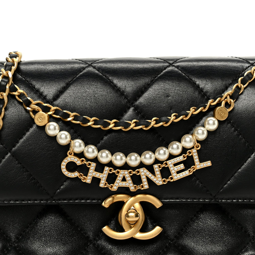 Chanel Shiny Lambskin Quilted Mini Pearl Logo Flap Black