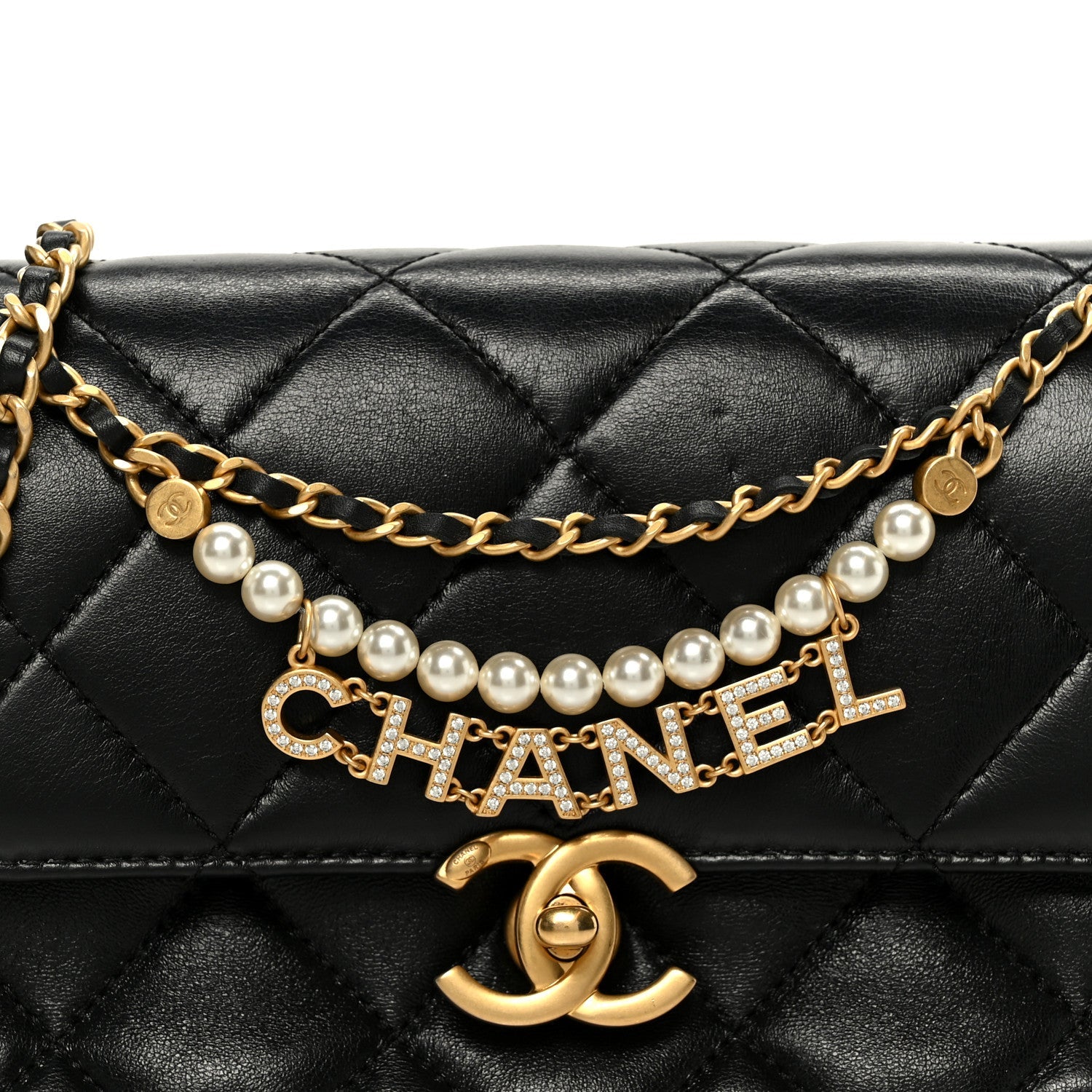Chanel Shiny Lambskin Quilted Mini Pearl Logo Flap Black