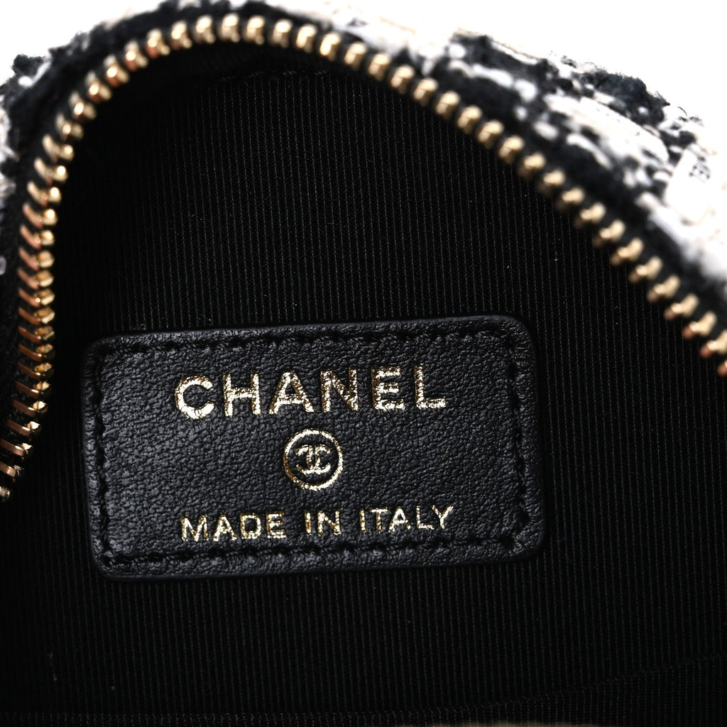 Chanel Tweed Quilted Round Clutch With Chain Black Ecru White