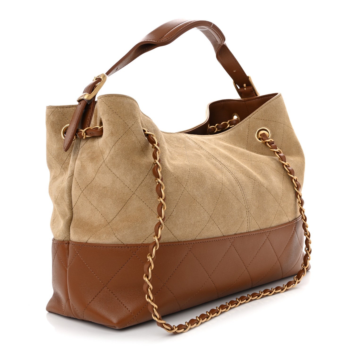 Chanel Suede Calfskin Shiny Lambskin Quilted Small Coco Base Shopping Bag Beige Camel