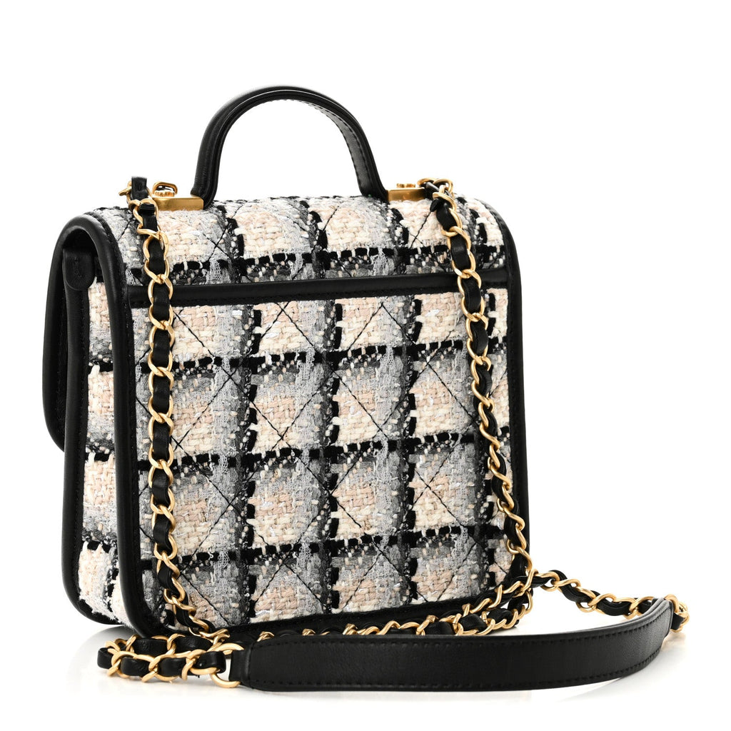 Chanel Tweed Calfskin School Memory Mini Top Handle Flap Ecru Grey Beige Black