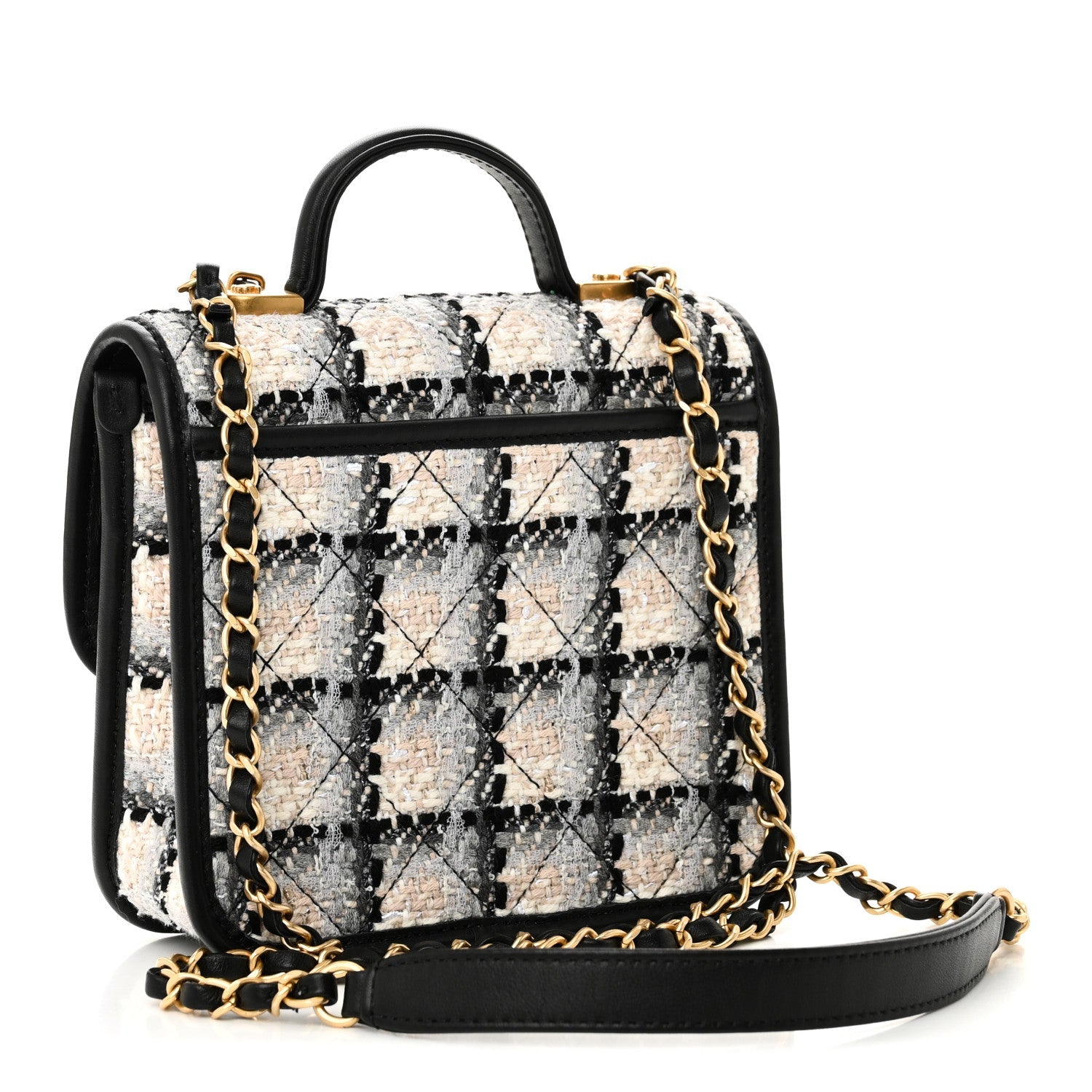 Chanel Tweed Calfskin School Memory Mini Top Handle Flap Ecru Grey Beige Black