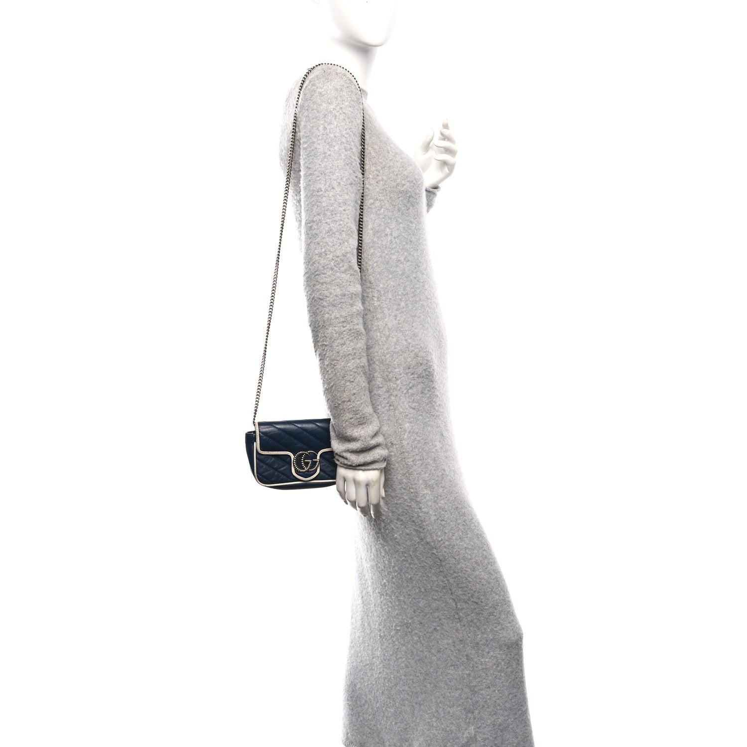 Gucci Vintage Effect Calfskin Matelasse Diagonal Super Mini Torchon GG Marmont Shoulder Bag Blue Agata Mystic White