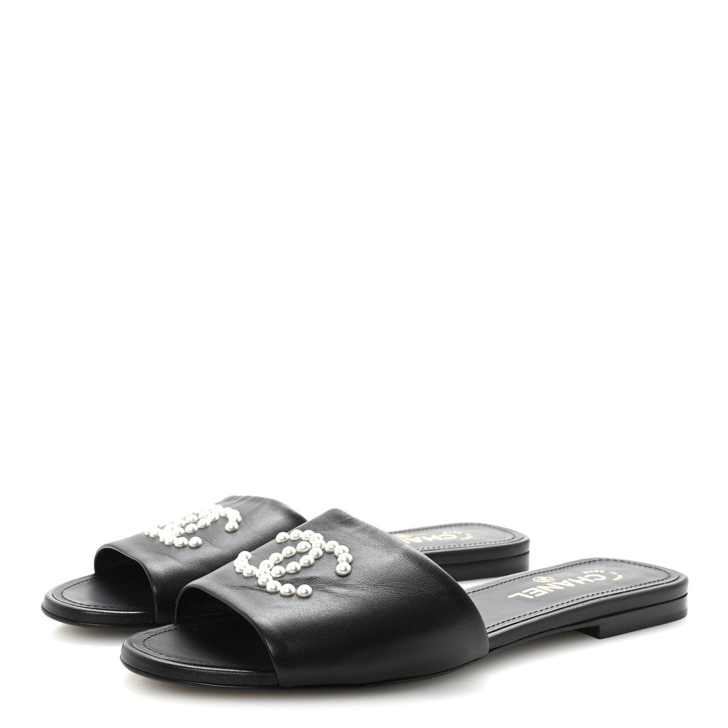 Lambskin Pearl CC Sandals 40.5 Black