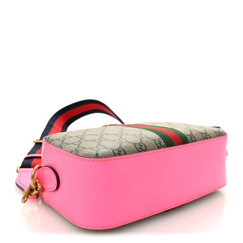 Gucci GG Supreme Monogram Textured Dollar Calfskin Web Ophidia Small Crossbody Bag Beige Ebony Fuchsia