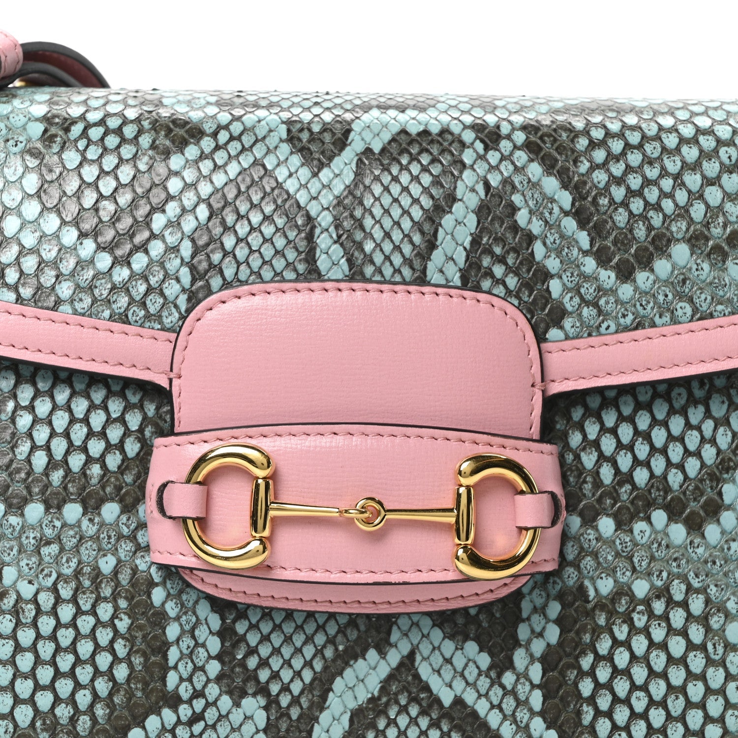 Gucci Snakeskin Calfskin Horsebit 1955 Shoulder Bag Blue Pink