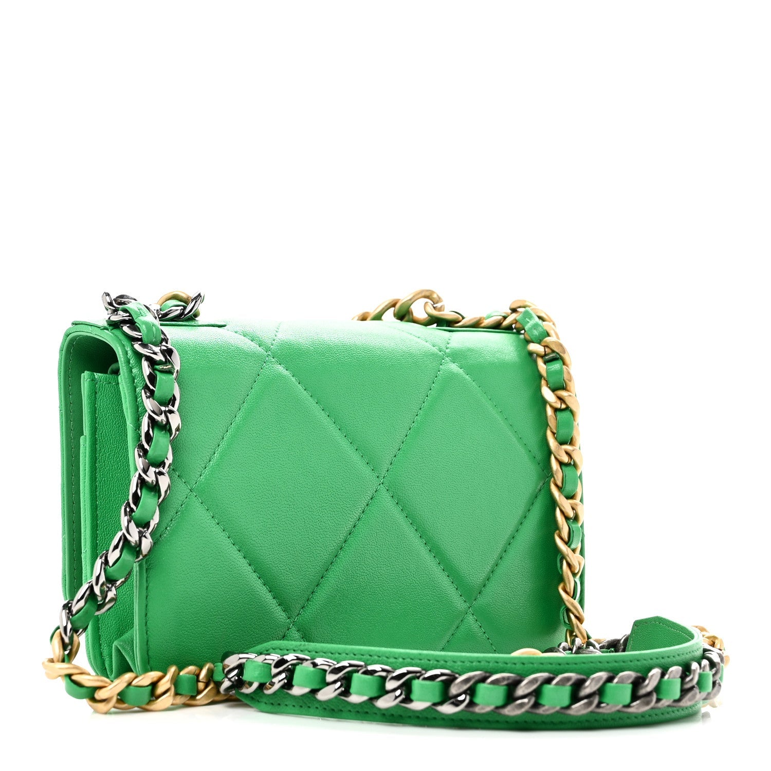 Chanel Shiny Goatskin Quilted Chanel 19 Wallet On Chain WOC Green