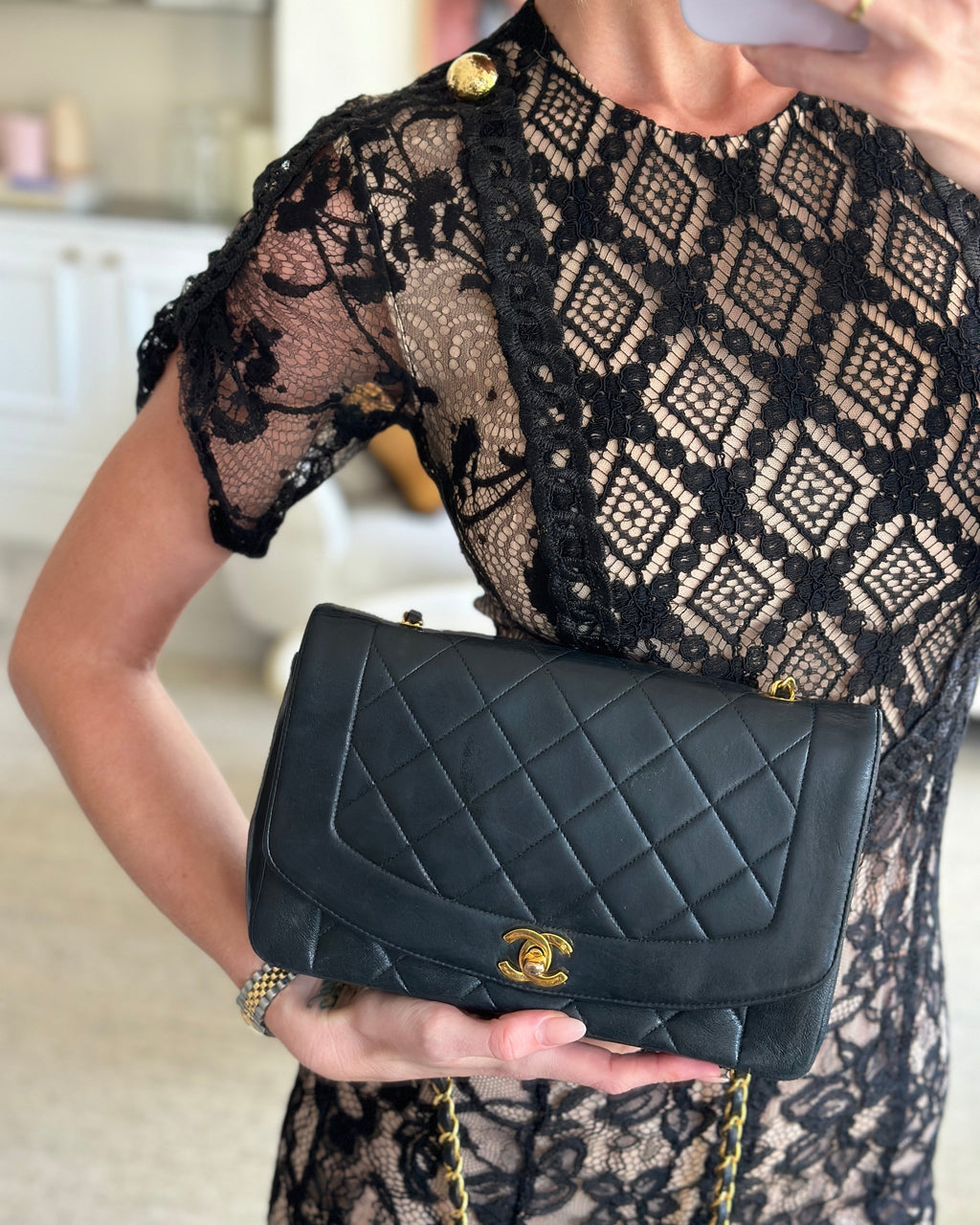 Chanel Vintage Navy Diana Quilted Flap Bag in Lambskin Leather with 24K Gold Hardware