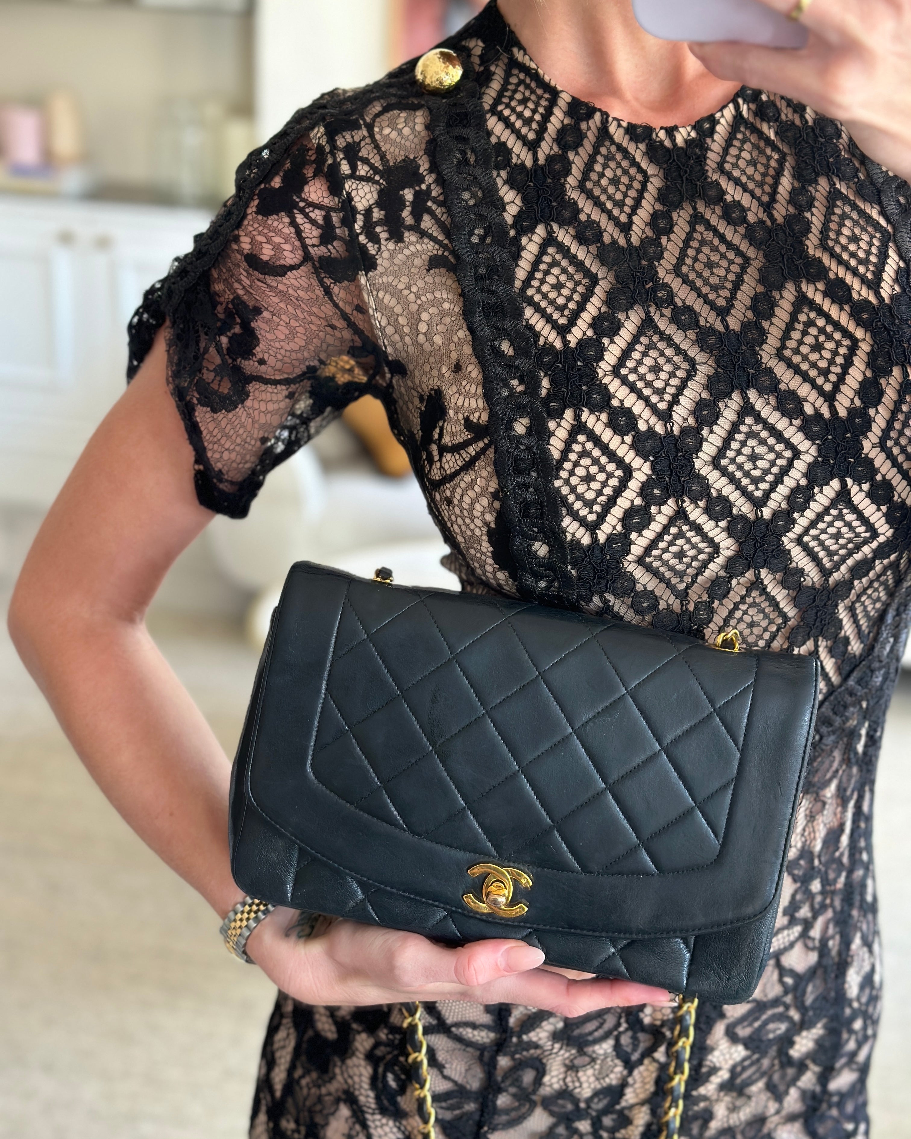 Chanel Vintage Navy Diana Quilted Flap Bag in Lambskin Leather with 24K Gold Hardware