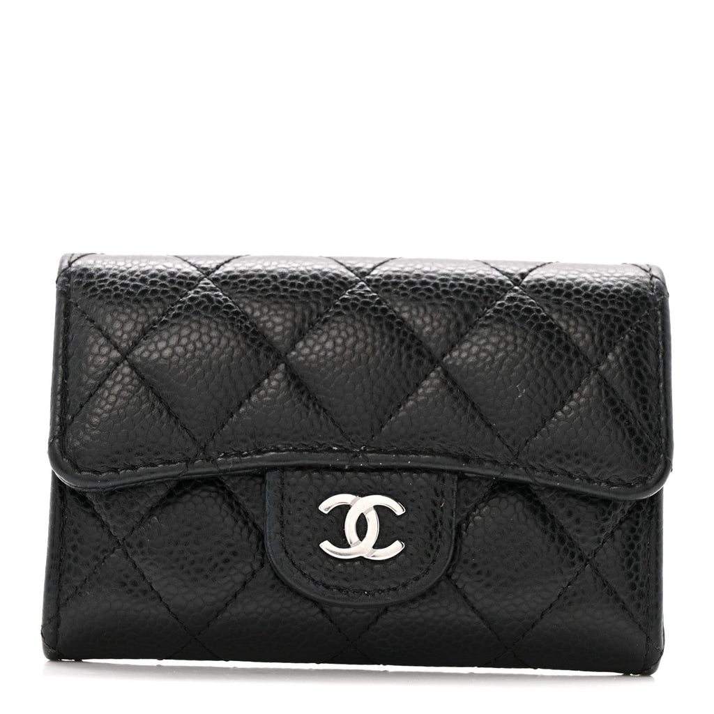 Caviar Quilted Flap Card Holder Wallet Black