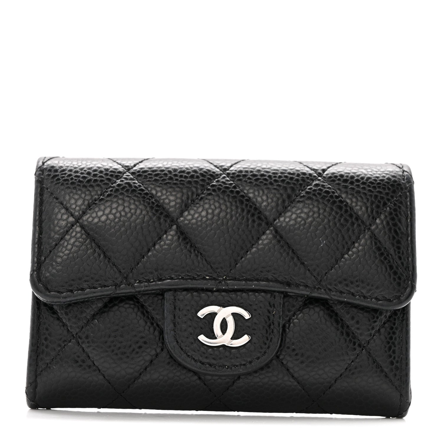 Caviar Quilted Flap Card Holder Wallet Black