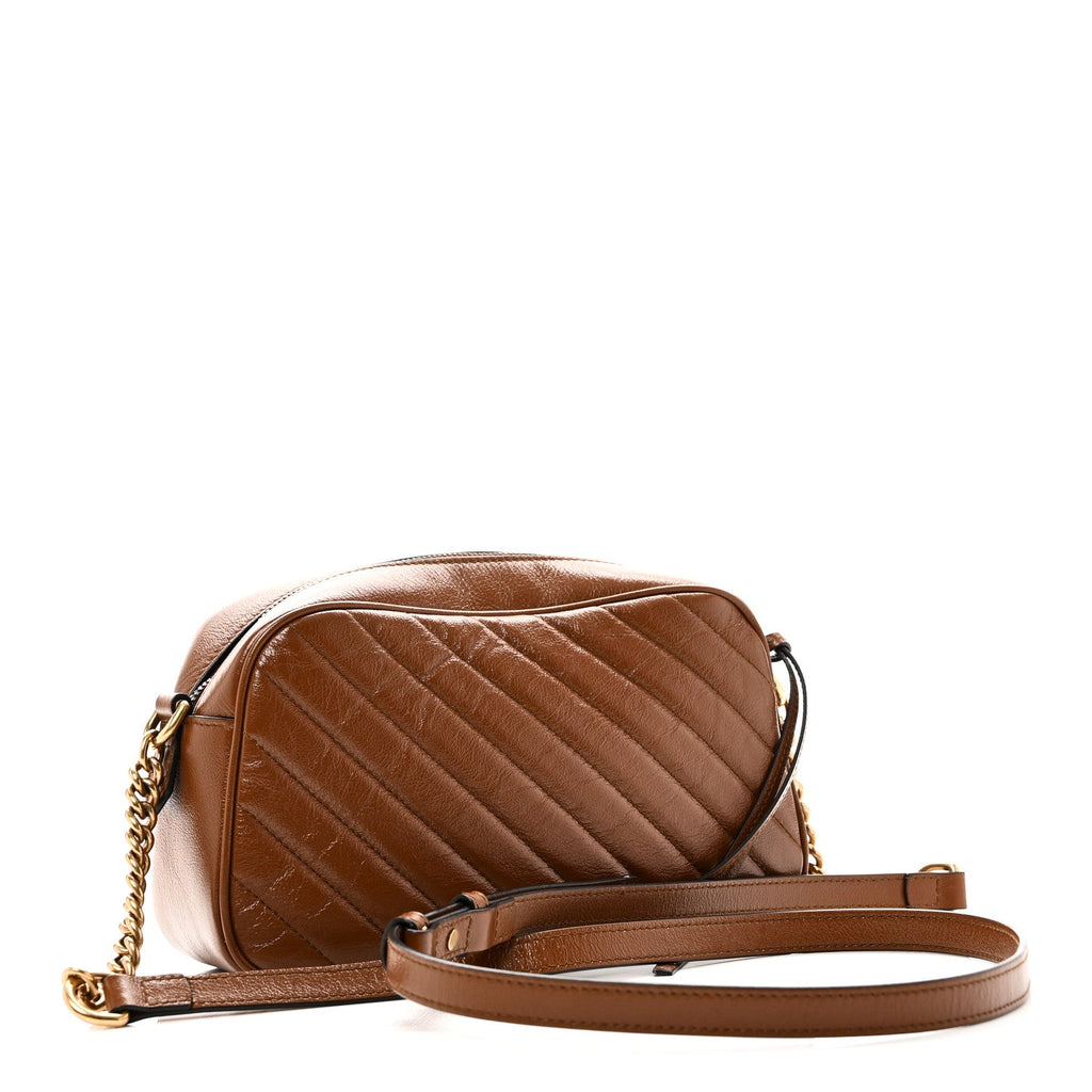 Gucci Glazed Calfskin Matelasse Diagonal Small GG Marmont Chain Shoulder Bag Cuir