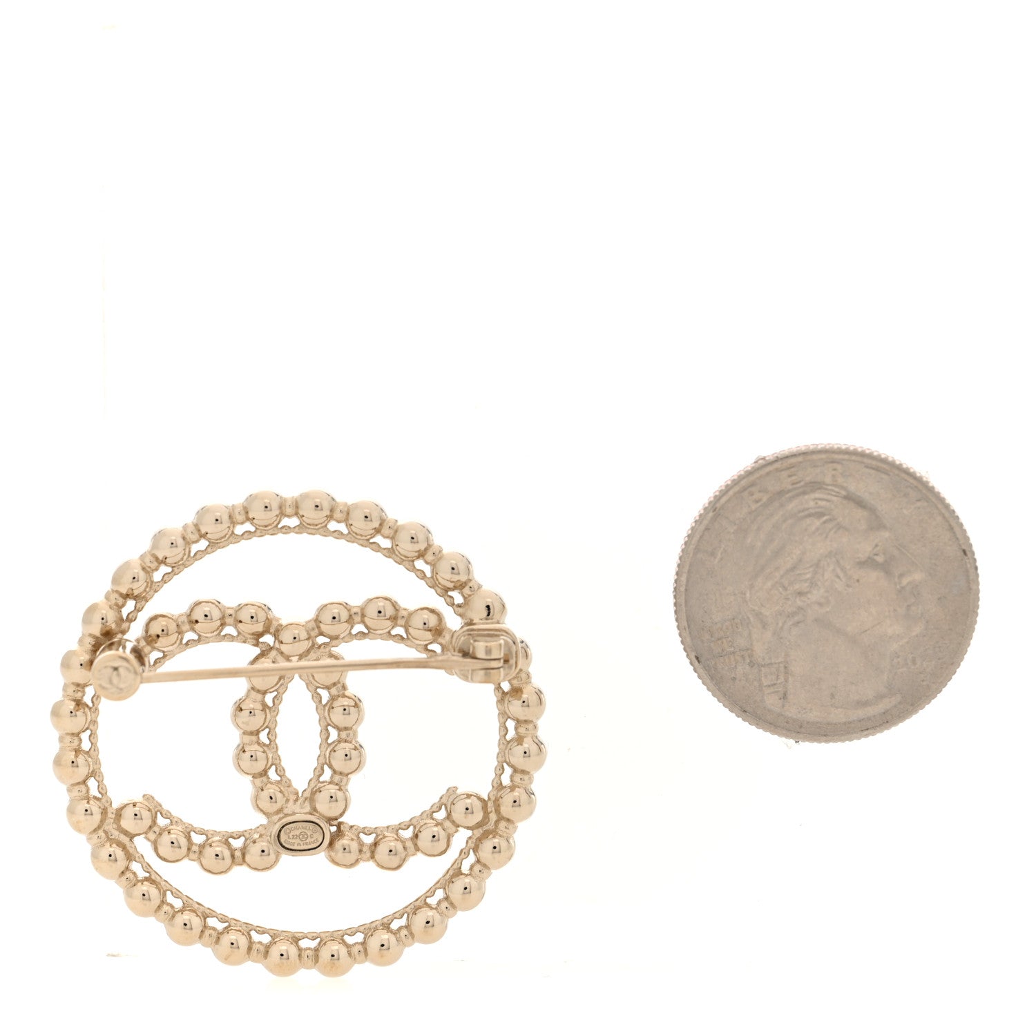 Metal Bead CC Round Brooch Gold