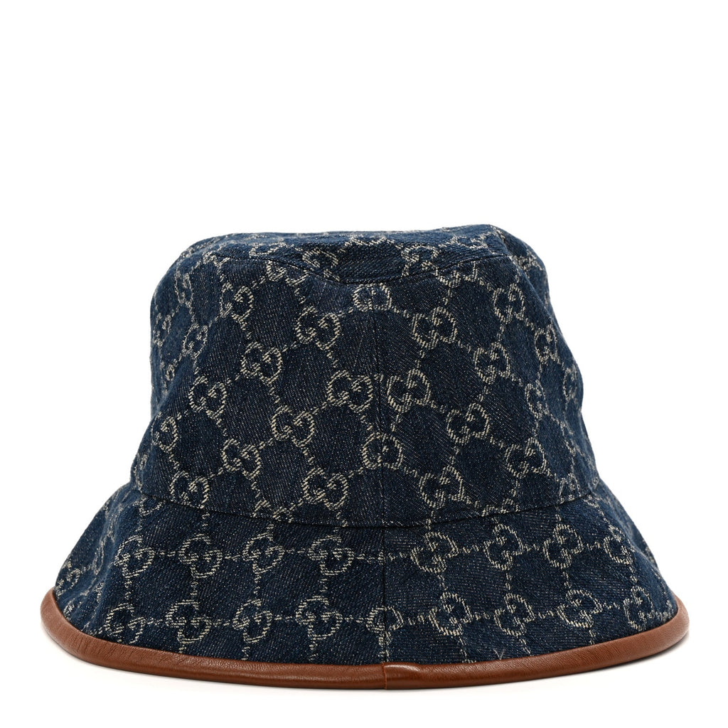 Gucci Washed Jacquard Denim Nappa GG Monogram Oscar Bucket Hat L Denim Cuir