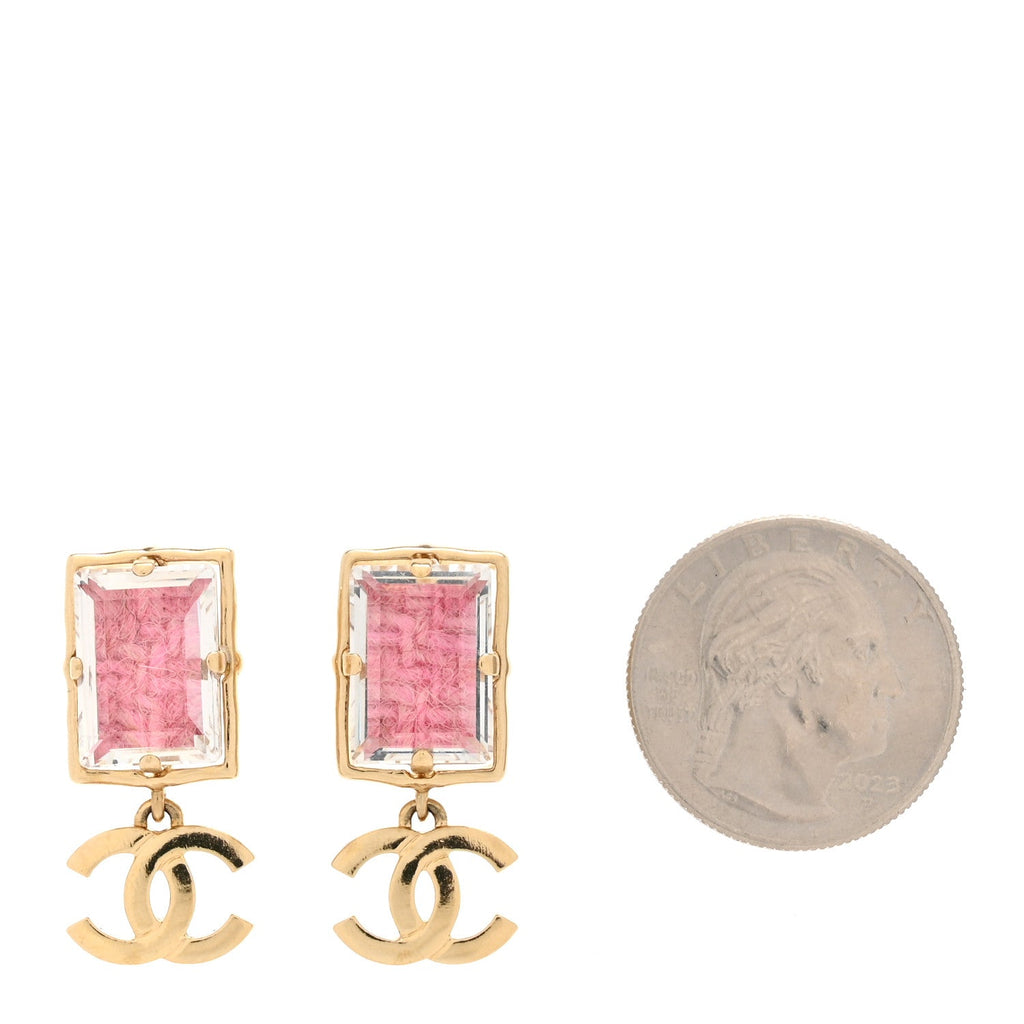 Crystal Tweed CC Drop Earrings Pink Gold