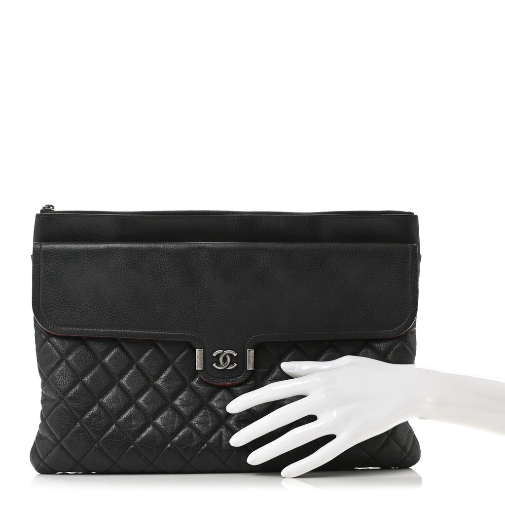 Grained Calfskin Quilted Large Archi Chic Cosmetic Case Navy