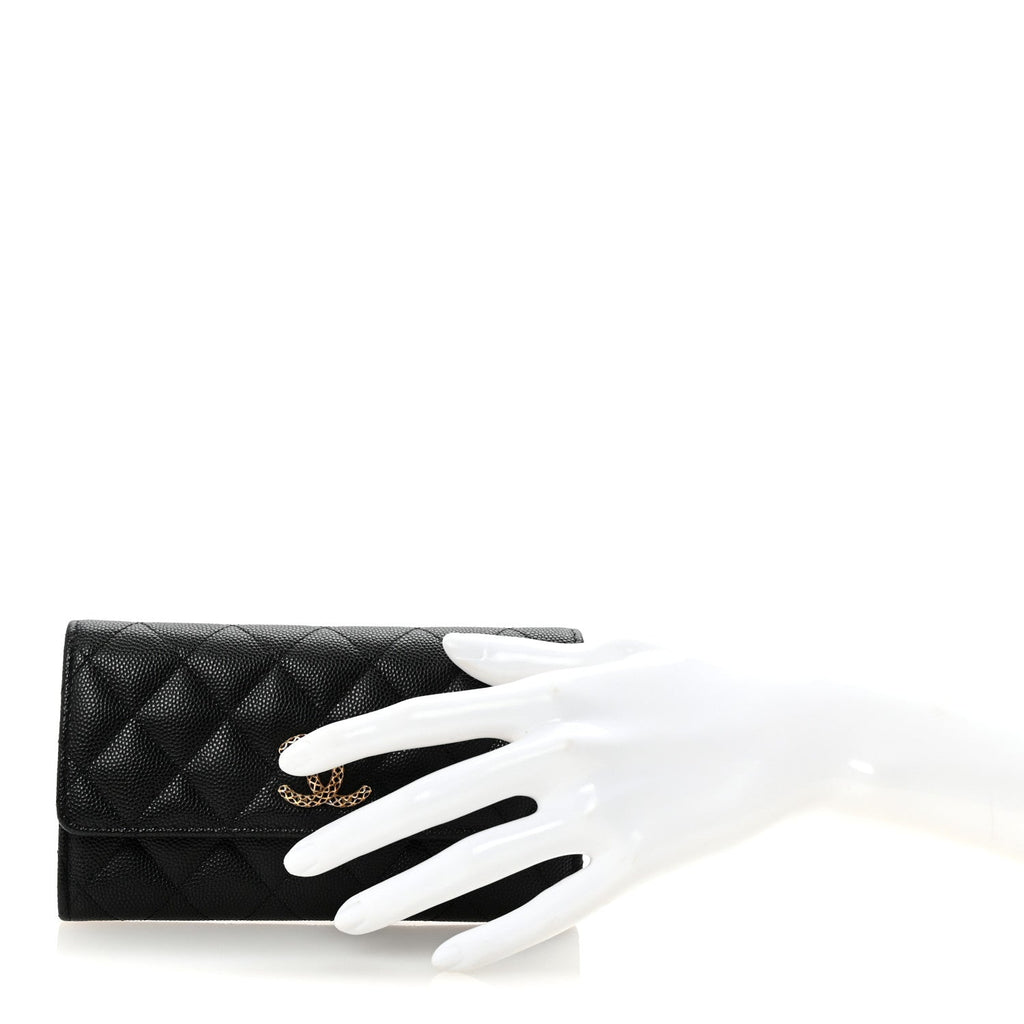 Caviar Metal Perforated Quilted CC Flap Wallet Black