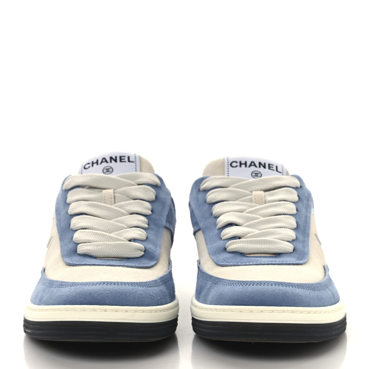 Chanel Suede Kidskin Womens CC Sneakers 39 White Blue
