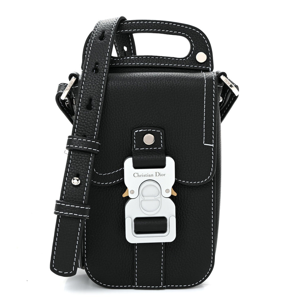 Christian Dior Grained Calfskin Vertical Saddle Pouch With Strap Black