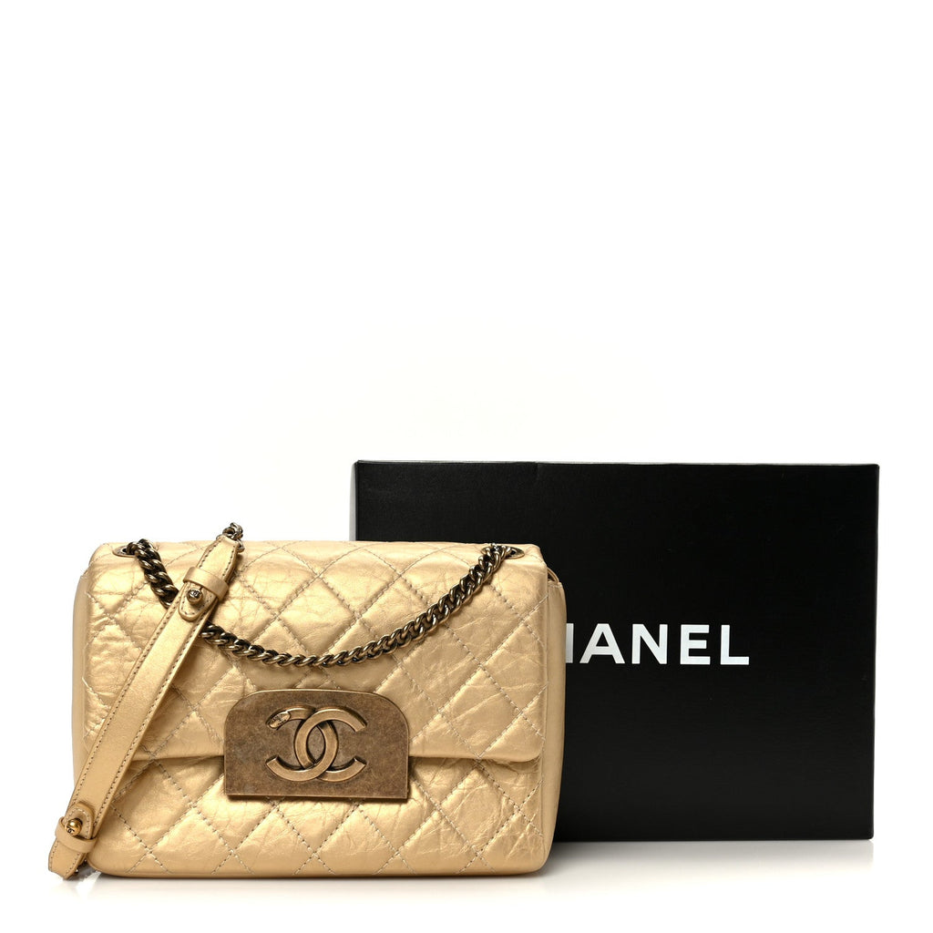 Chanel Metallic Aged Calfskin Quilted CC Square Flap Light Gold